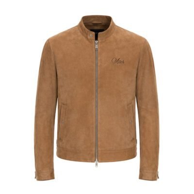 The Prairie Camel Tan Pure Sheep Suede Leather Jacket made from genuine sheep suede leather with stand collar and premium YKK zipper by Mitch Luxury.