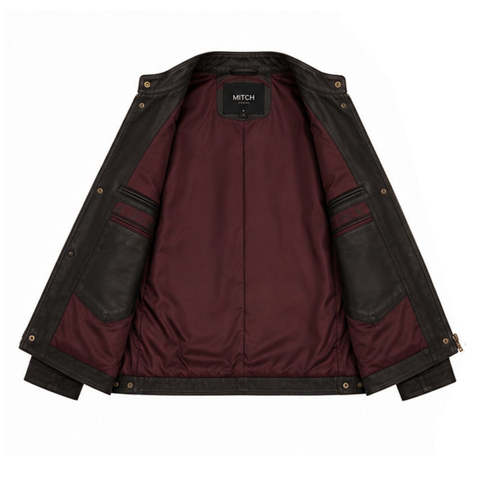 Detailed view of the premium 100% sheep leather grain and fine handcrafted stitching on Baron Heritage Black Nappa Leather Jacket