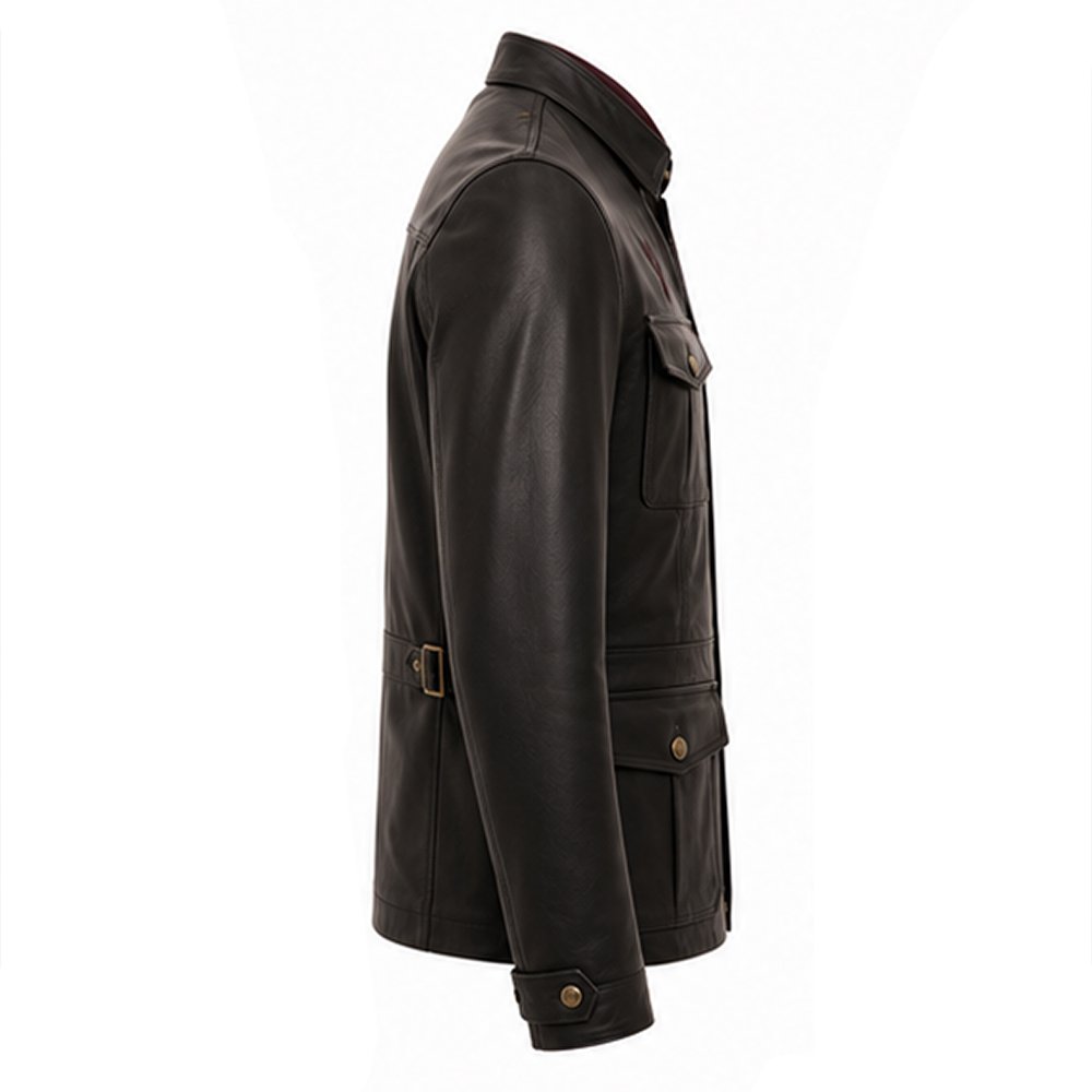 Side profile of Baron Heritage Black Nappa Leather Jacket featuring genuine sheep leather, tailored fit, and timeless field jacket styling.