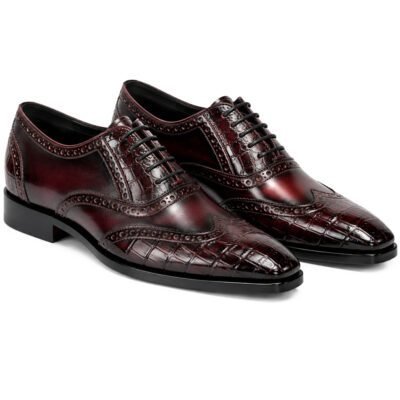 Burgundy Grandwood Oxford Shoe by Shoe Bespoke with pure calf leather, croc texture, and wood sole