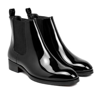 Front view of Hudson Patent Black Side Elastic Boot featuring glossy patent leather and elegant handcrafted finish.