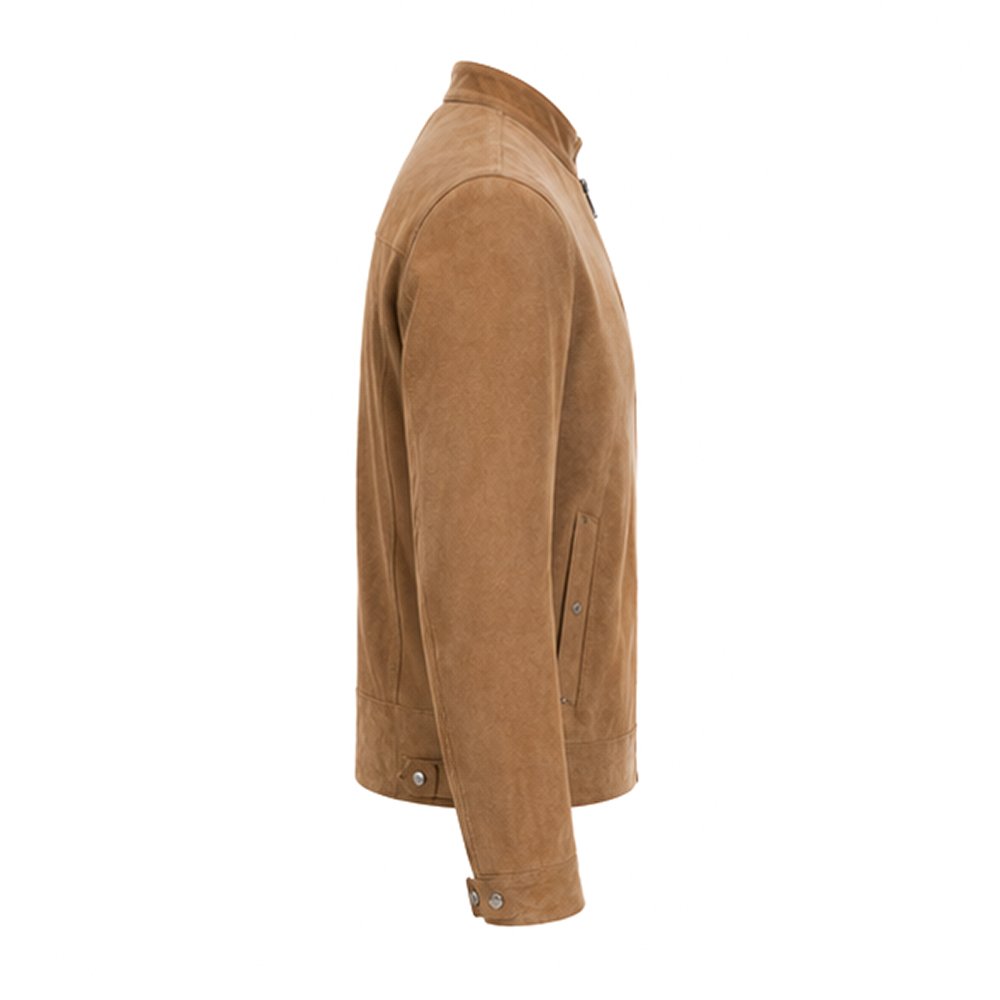 The Prairie Camel Tan Pure Sheep Suede Leather Jacket made from genuine sheep suede leather with stand collar and premium YKK zipper by Mitch Luxury.
