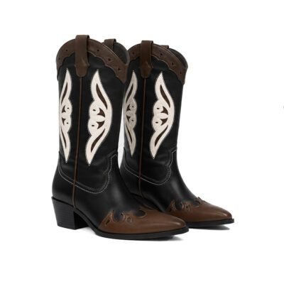 Frontier Crest Cowboy Boots by Shoe Bespoke crafted from black and brown calf leather with ivory Western detailing and wood sole