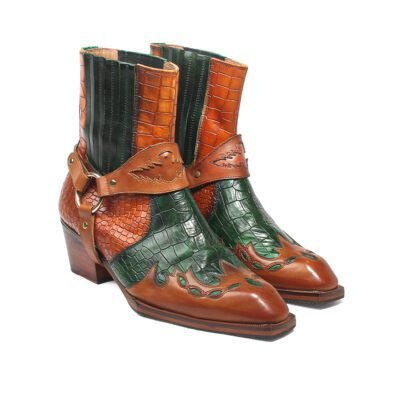 Haris Tan Green Croc Chelsea Boots by Shoe Bespoke handcrafted in pure calf leather with detachable harness, wood sole, and Cuban heel.