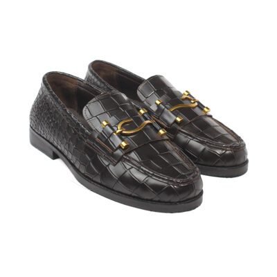 Gold Hook Croc Leather Loafer by Shoe Bespoke in dark espresso croc-textured calf leather with gold hook hardware and handcrafted wood sole.