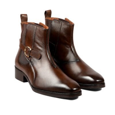 Shoe Bespoke dark brown pure calf leather Jodhpuri boot with red wood sole front angle