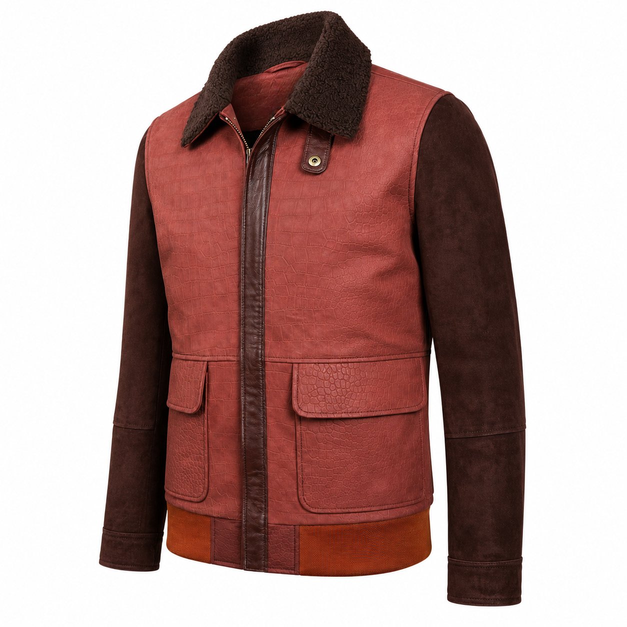 Chestnut Croc Suede Aviator Jacket by Mitch Luxury handcrafted from premium suede leather with a crocodile-embossed suede front and plain suede leather sleeves.