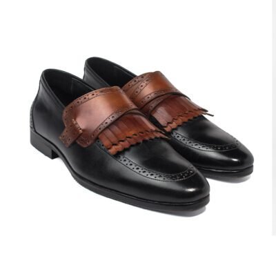 Main Image: Butterfly Fringes Pure Leather Loafer by Shoe Bespoke in dark brown croc-textured calf leather with handcrafted wood sole.