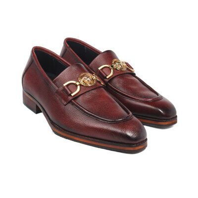 Regalis Crest Handcrafted Loafers by Shoe Bespoke in wine pure calf grain leather with gold-tone crest and wood sole.