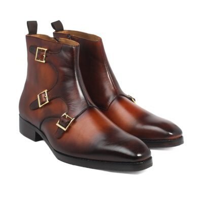 Sterling Triple Monk Boot by Shoe Bespoke handcrafted in antique brown calf leather with triple monk straps and a premium wood sole.