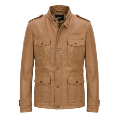 Baron Heritage Tan Nappa Leather Jacket handcrafted from Pure Sheep Nappa Leather featuring a classic four-pocket field jacket with premium utility styling.