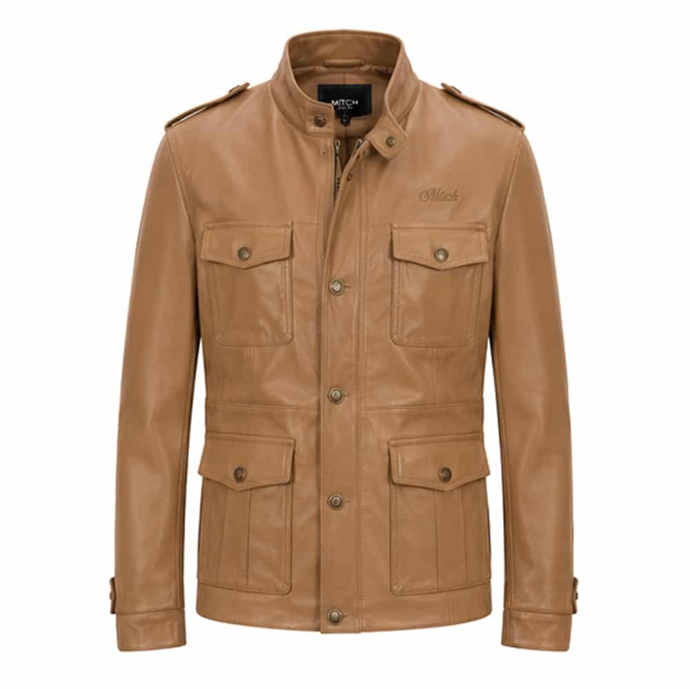 Baron Heritage Tan Nappa Leather Jacket handcrafted from Pure Sheep Nappa Leather featuring a classic four-pocket field jacket with premium utility styling.