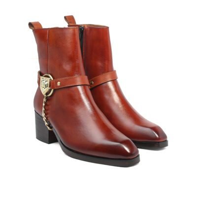 Sigma Tan Lion Harness Boot by Shoe Bespoke in premium tan calf leather with detachable lion chain harness and wood sole.