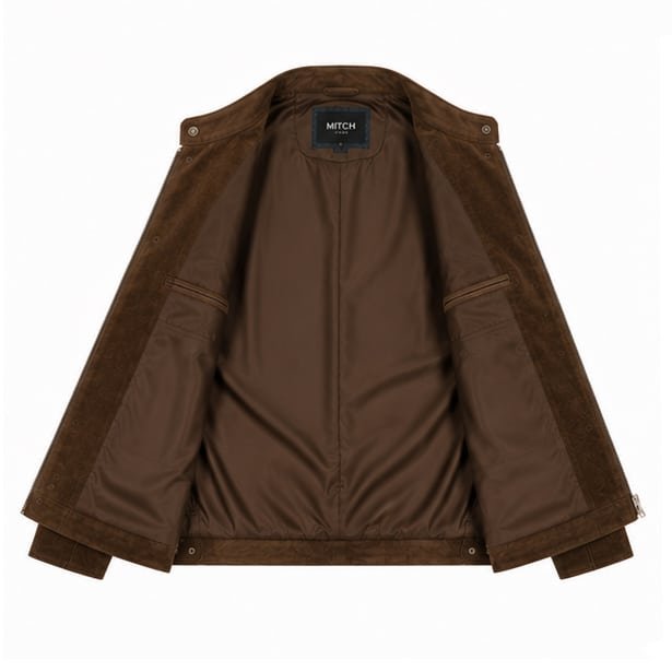 Interior View of Baron Heritage Brown Suede Leather Jacket Showing Premium Leather Lining and Expert Craftsmanship