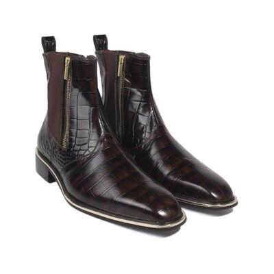 Regent Croc Espresso Chelsea Boots by Shoe Bespoke handcrafted from espresso brown calf leather with croc texture, engraved metal toe tip, and wood sole.