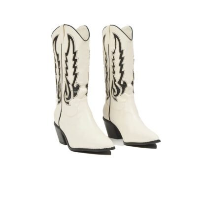 Ivory Horizon Cowboy Boots by Shoe Bespoke handcrafted from premium ivory calf leather with black Western detailing and wood sole