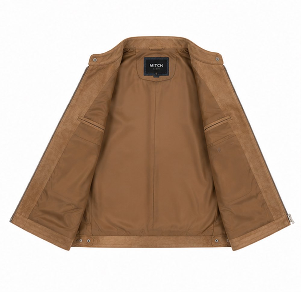 The Prairie Camel Tan Pure Sheep Suede Leather Jacket made from genuine sheep suede leather with stand collar and premium YKK zipper by Mitch Luxury.