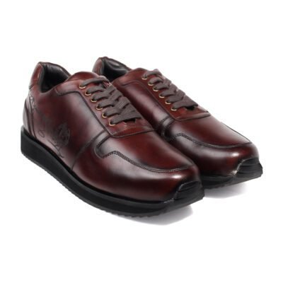 Detailed craftsmanship of Santorini Side Laser Sneakers by Shoe Bespoke brown calf leather footwear.