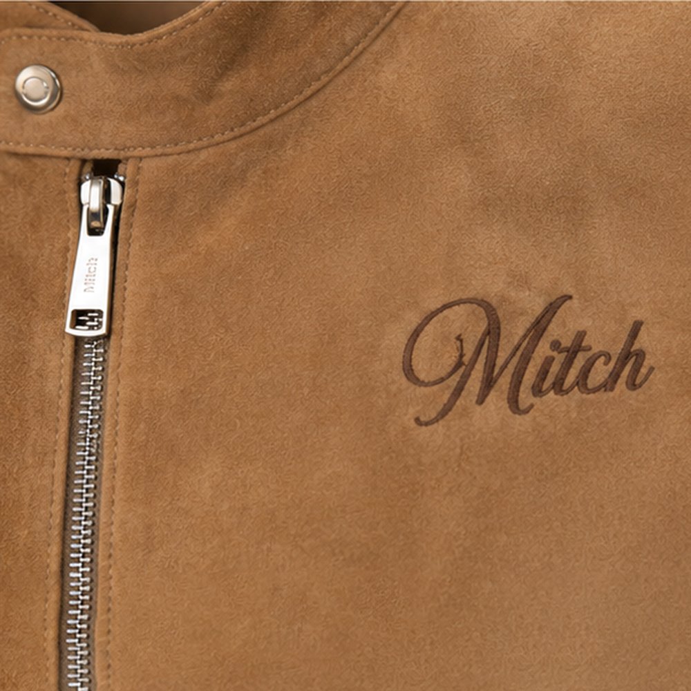 The Prairie Camel Tan Pure Sheep Suede Leather Jacket made from genuine sheep suede leather with stand collar and premium YKK zipper by Mitch Luxury.