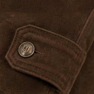 Close-Up of Baron Heritage Brown Suede Leather Jacket Showing Premium Suede Texture, Stitching, and Metal Buttons