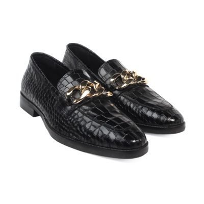 Tod Croc Black Leather Loafer by Shoe Bespoke with bold chain buckle