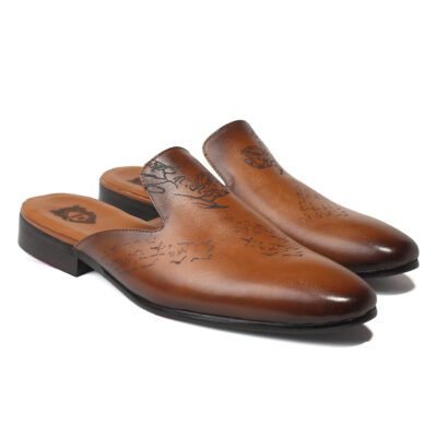 Script Mule Loafer by Shoe Bespoke in tan brown pure calf leather with wood sole