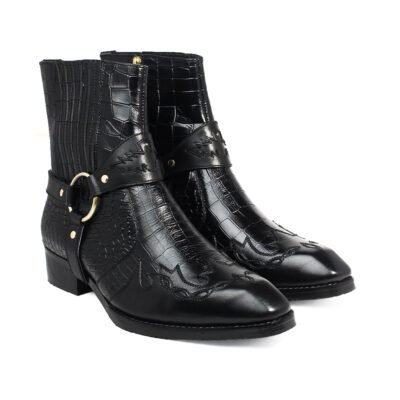 Harris Black Flame Chelsea Handmade Bespoke Boots by Shoe Bespoke handcrafted black calf leather Chelsea boots with croc-textured side zip and wood sole.