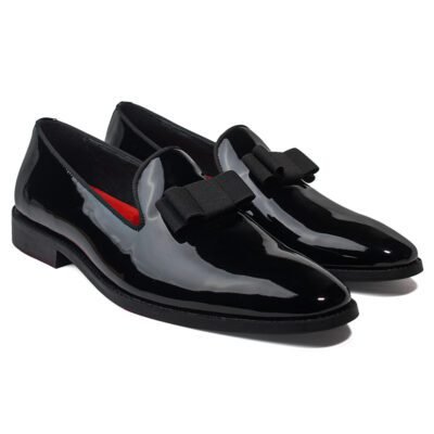 Patent Tuxedo Bow Black Patent Leather Loafer by Shoe Bespoke with handcrafted wood sole on white background.
