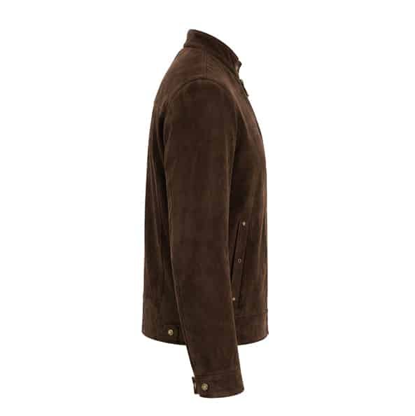 Prairie Coffee Brown Suede Leather Jacket left side profile with stand collar and premium suede finish