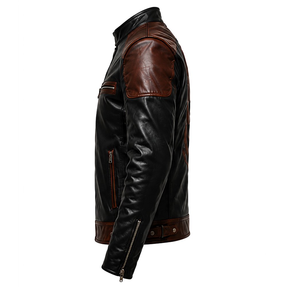 Black leather biker jacket with brown accents and skull flame artwork by Mitch Luxury