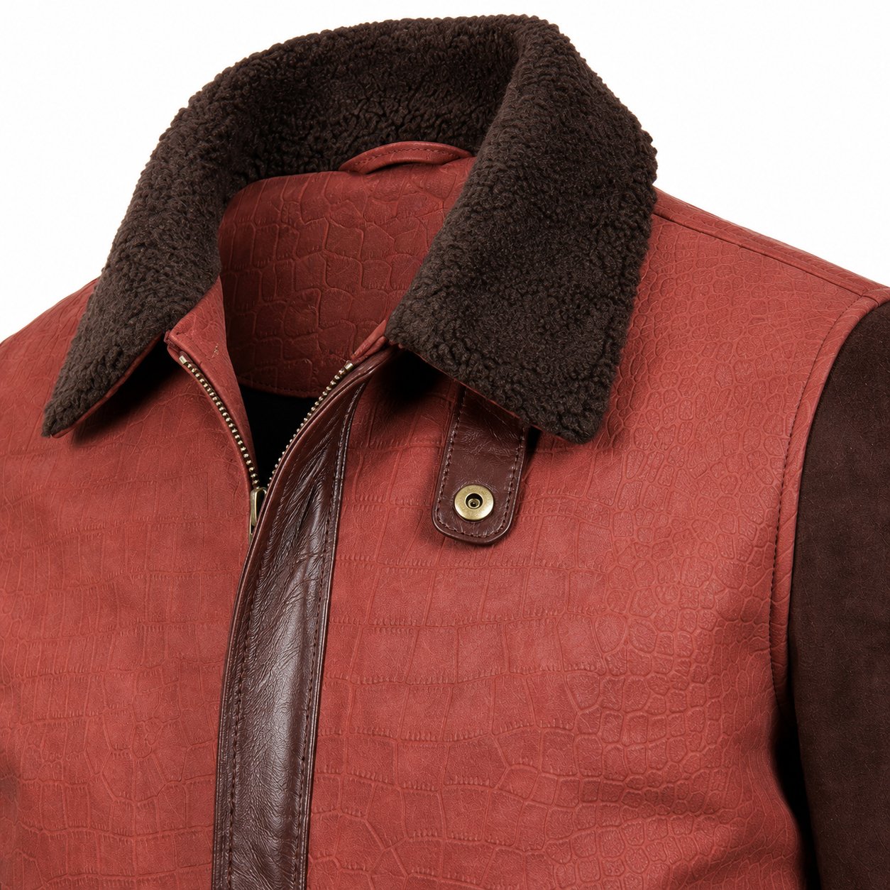 Chestnut Croc Suede Aviator Jacket by Mitch Luxury handcrafted from premium suede leather with a crocodile-embossed suede front and plain suede leather sleeves.