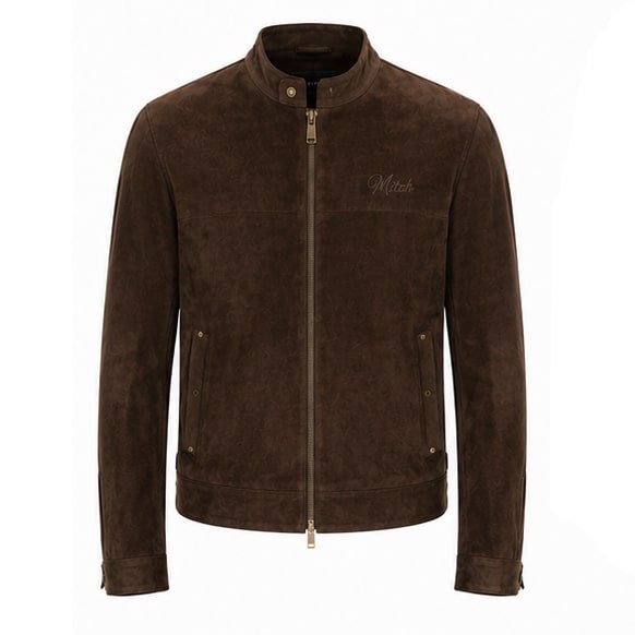 Prairie Coffee Brown Suede Leather Jacket front view handcrafted from premium suede leather by Mitch Luxury