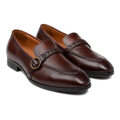 Coach Pure Leather Handcrafted Loafers by Shoe Bespoke in dark brown pure calf leather with braided strap and wood sole.