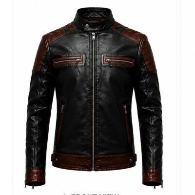 Black leather biker jacket with brown accents and skull flame artwork by Mitch Luxury