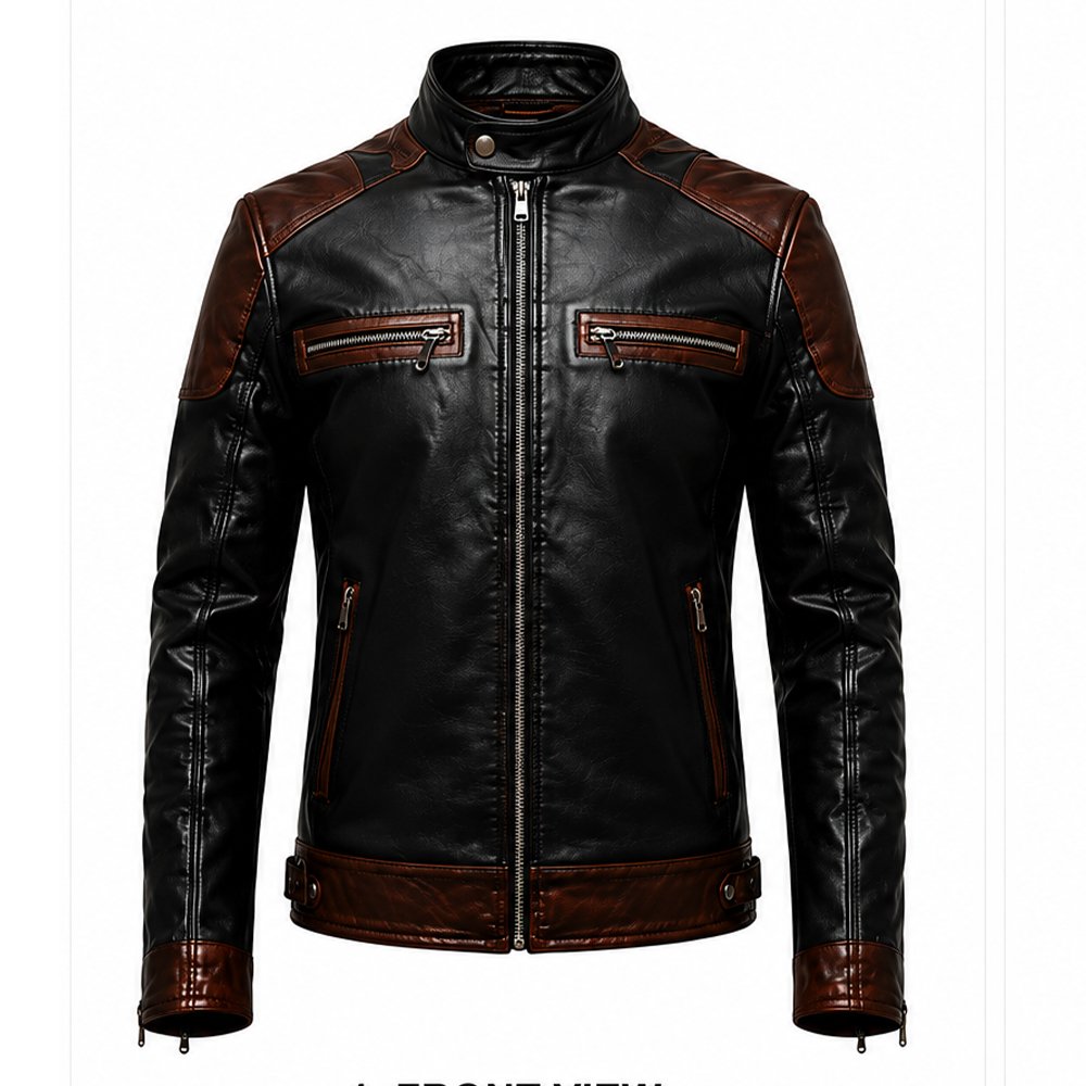 Black leather biker jacket with brown accents and skull flame artwork by Mitch Luxury