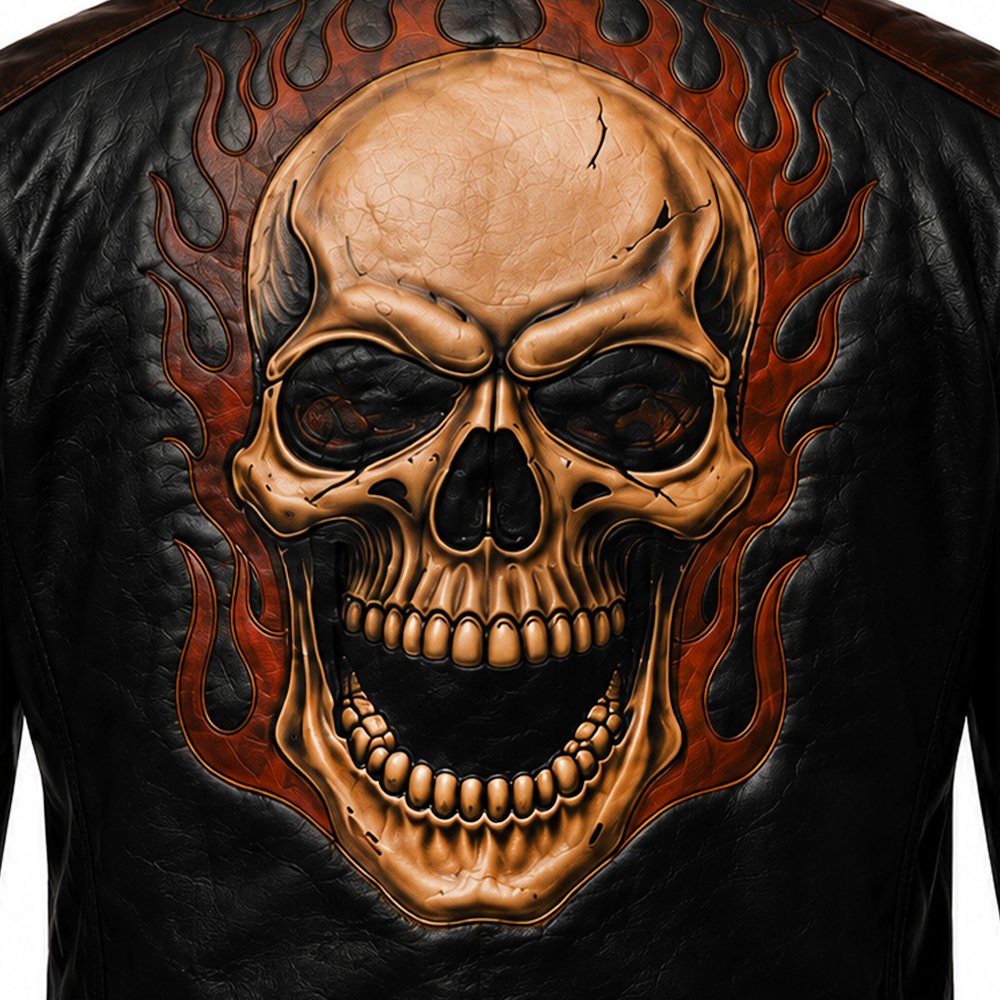 Black leather biker jacket with brown accents and skull flame artwork by Mitch Luxury