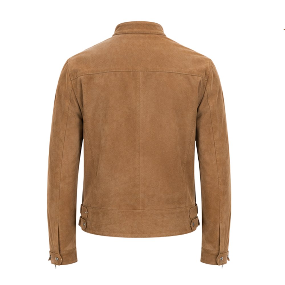 The Prairie Camel Tan Pure Sheep Suede Leather Jacket made from genuine sheep suede leather with stand collar and premium YKK zipper by Mitch Luxury.