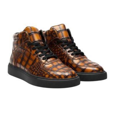 Majestic Croc Sneakers by Shoe Bespoke cognac leather high-top sneakers featuring a durable black rubber sole.