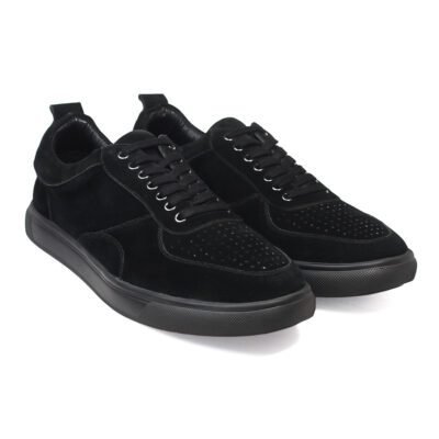 Detailed texture of Noir Voyager Sneakers by Shoe Bespoke genuine black suede leather.