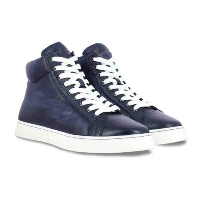 Detailed craftsmanship of Regent High Sneakers by Shoe Bespoke navy blue leather sneakers