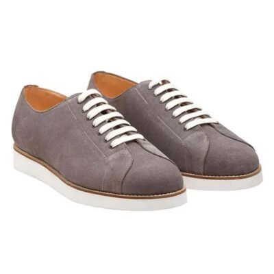 Detailed craftsmanship of Milano Grey sneakers by Shoe Bespoke grey suede footwear.