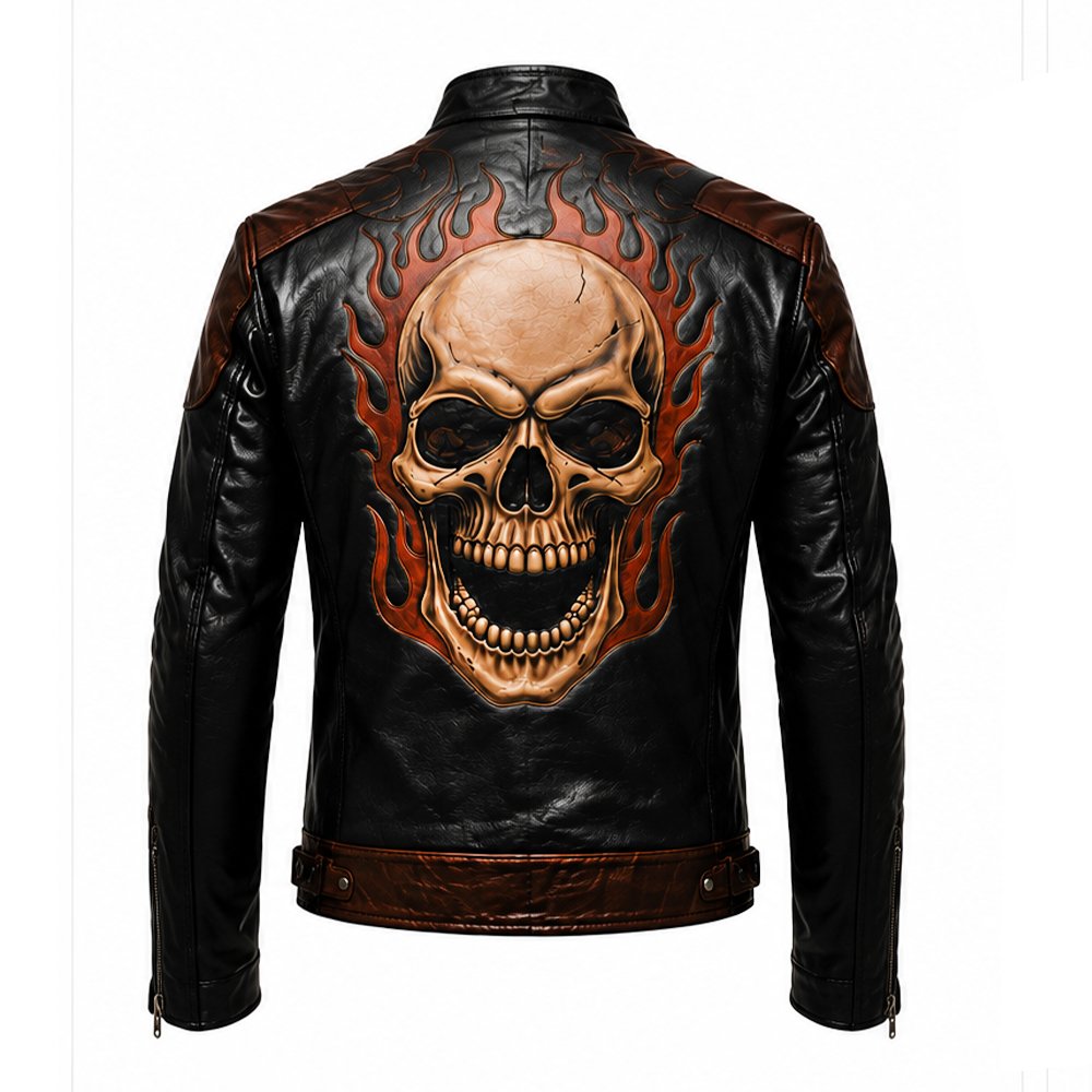 Black leather biker jacket with brown accents and skull flame artwork by Mitch Luxury