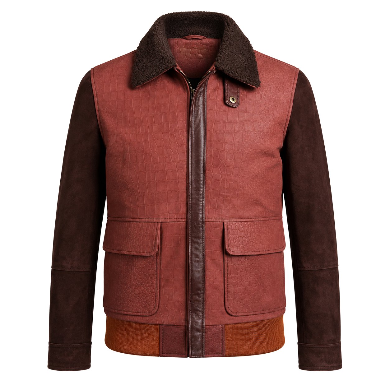 Chestnut Croc Suede Aviator Jacket by Mitch Luxury handcrafted from premium suede leather with a crocodile-embossed suede front and plain suede leather sleeves.