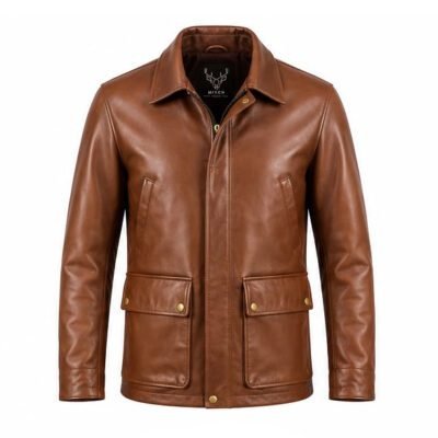 Handcrafted Cognac Brown lamb skin leather jacket by Mitch Luxury featuring genuine leather, shirt collar, and premium brass hardware.