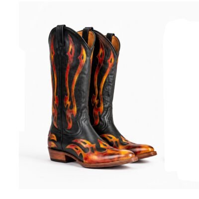 Fiery Cowboy Boot by Shoe Bespoke in black calf leather with orange flame detailing and wood sole side profile