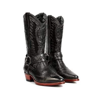 Snake Laser Cowboy Boots by Shoe Bespoke in black calf leather with handcrafted laser detailing and wood sole.