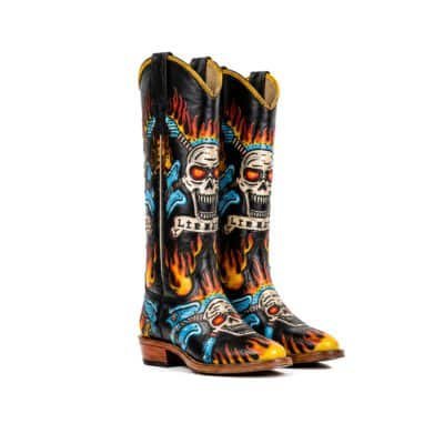 Main Image (Front Pair View) Skeleton Cowboy Boots by Shoe Bespoke featuring hand-painted skull artwork, flame detailing, and wood sole.