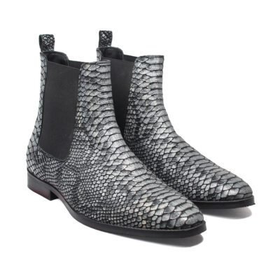Grey Python Chelsea Boots by Shoe Bespoke handcrafted from premium grey foil leather with a wood sole.