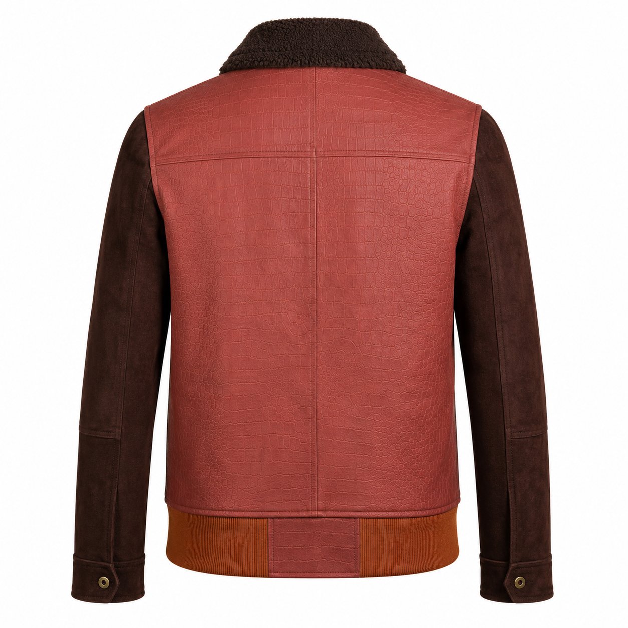 Back view of the handcrafted Chestnut Croc Suede Aviator Jacket with plain suede leather sleeves.