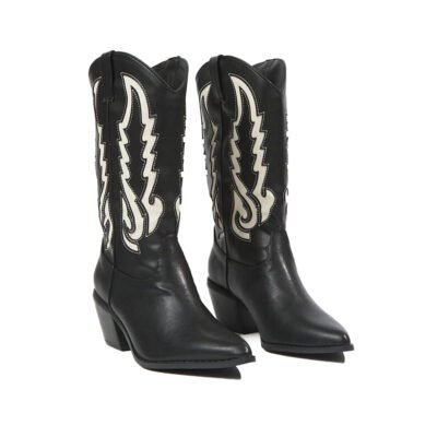 Dark Horizon Cowboy Boot by Shoe Bespoke crafted from black calf leather with ivory Western detailing and wood sole